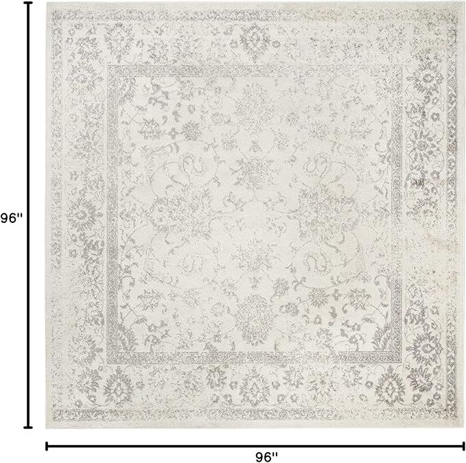 SAFAVIEH Adirondack Collection Area Rug - 8' Square, Ivory & Silver, Distressed Vintage Floral Design, Non-Shedding & Easy to Clean, Ideal for Living Room, Bedroom, Dining Space (ADR109C)