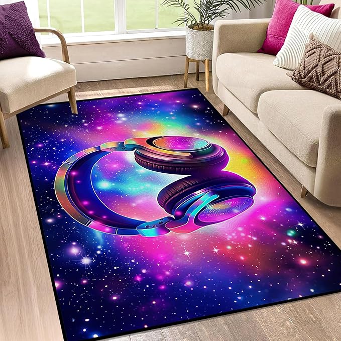 Galaxy Game Area Rug Music Headphone Rugs Colorful Throw Rug Non-Slip Carpet Doormats for Living Room Bedroom Apartment Dorm Floor Mat 59 in x 39 in