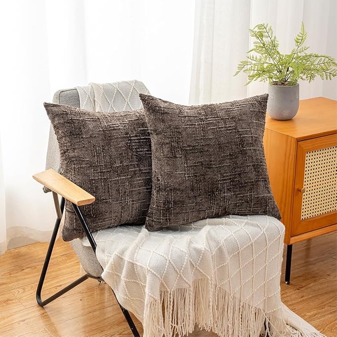 Decorative Throw Pillow Covers 18x18 Inch Set of 2, Soft Solid Farmhouse Chenille Couch Pillows, Spring Pillow Covers for Couch Sofa Bed Living Room Home Decor Pillowcase, Brown