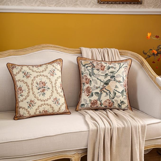 patdrea Designer Vintage Floral Throw Pillow Covers for Couch,Brown Yellow Linen Pillowcases with Bird and Rose Pattern, Decorative Square Cushion for Bed Living Room Outdoor Cafe Car,18"x18"
