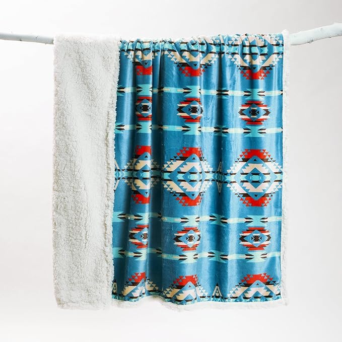 CARSTENS, INC. Ultra Premium Super Soft Plush Sherpa Fleece Oversized Throw Blanket 54" x 68", Turquoise Southwest