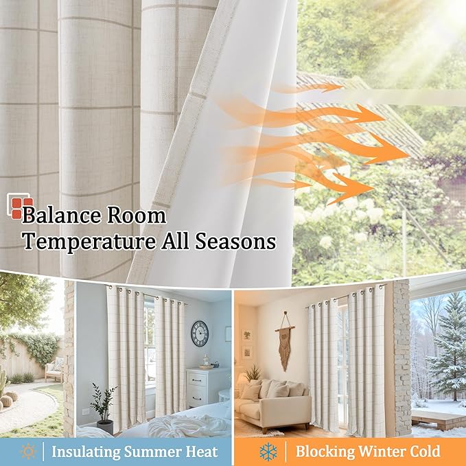 Linen Blackout Curtains 63 Inches Long for Bedroom - Boho Plaid Curtains Thermal Insulated, Pattern Printed Rustic Drapes Window Treatments for Farmhouse 52x63 Inch 2 Panels, Natural