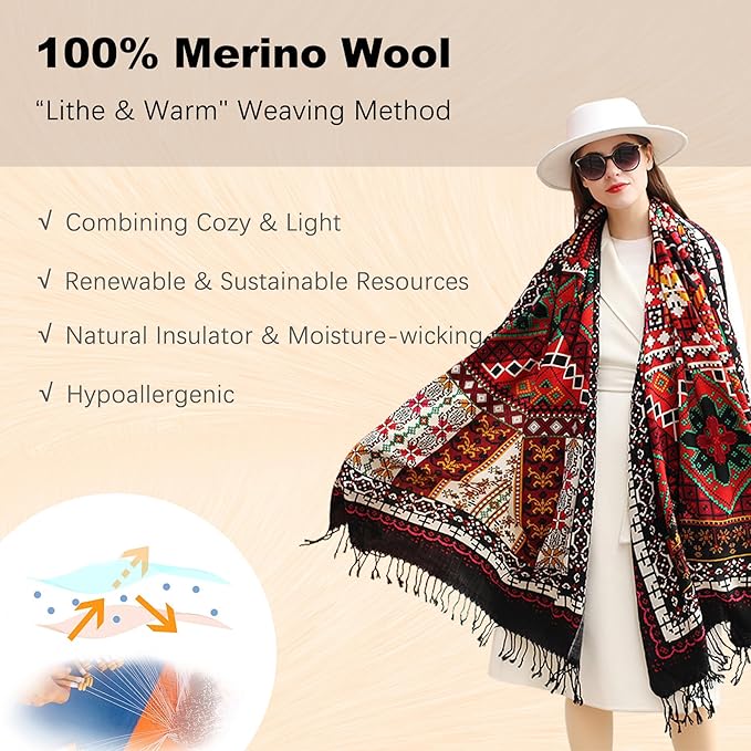 DANA XU 100% Merino Wool Pashmina Shawl for Women 96"x43", Oversized Cashmere Wrap with Tassels, Floral Travel Blanket Cape