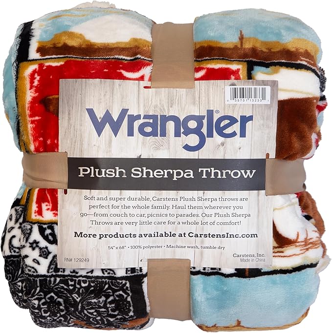 CARSTENS, INC. Wrangler Ultra Premium Super Soft Plush Sherpa Fleece Oversized Throw Blanket 54" x 68", Vintage Western