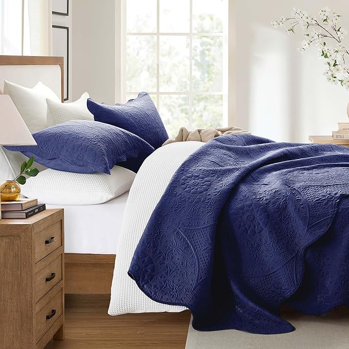 IR Imperial Rooms 8 Pack Quilt King Size Bedding (106" x 96") - Bulk Wholesale for Hotels, Guest Bedroom & Airbnbs - Lightweight Microfiber Reversible Floral Embossed Quilts Bedspreads (Navy)