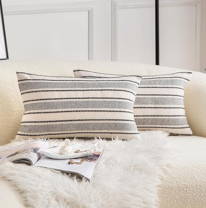 Decorative Boho Lumbar Throw Pillow Covers, Farmhouse Textured Pillow Case, 12 x 20 Inch Set of 2, Chair Sofa Bedroom Living Room Home Decor Couch Cushion Case, Black and Beige