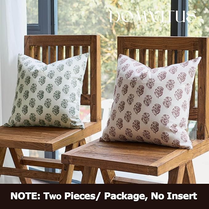 DOMVITUS Set of 2 Floral Pillow Covers 24x24, Block Print Pillow Covers Vintage Neutral Decorative Farmhouse Throw Pillow Covers for Couch Bed Living Room Dusty Green