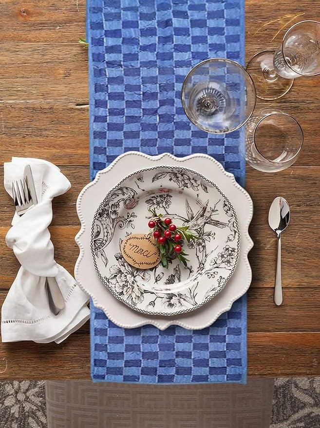 AAYU Denim Table Runners Fringed Tape Weaved,Hand Frayed Tape Weaved, 17-18 Inch X 72 Inch,