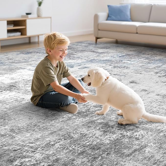 Washable 9X12 Area Rug: Modern Abstract Soft Non-Slip Indoor Rugs Home Decor - Low Pile Stain Resistant Carpet for Living Room Bedroom Dining Room Playroom Office(Blue Grey,9'x12')