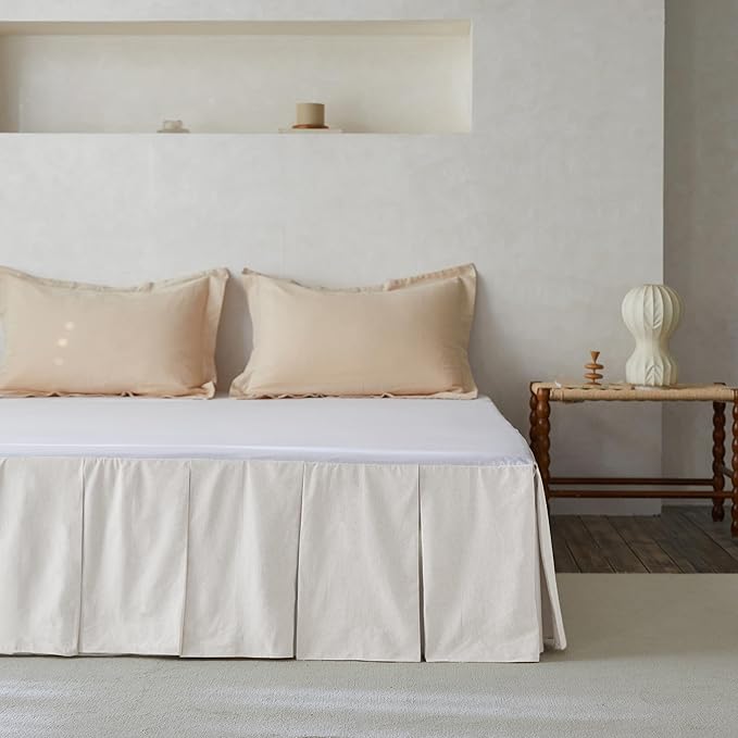 BISELINA French Linen Pleated Bed Skirt, 18" Tailored Draped Natural Linen-Cotton Blend Basic Dust Border Soft Comfort Farmhouse Bedding (18" King, White)