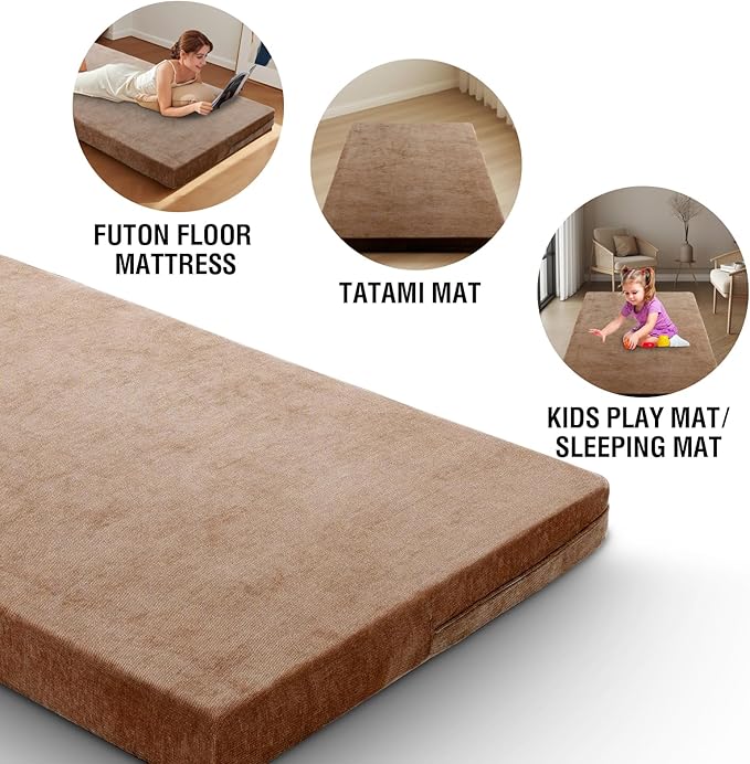 H.VERSAILTEX Full Size Armless Futon Mattress Covers for Traditional Japanese Futon Mattress Soft Chenille Couch Slipcovers Floor Mats Sofa Protector Zippered Sleeper Sofa Cover,Caramel