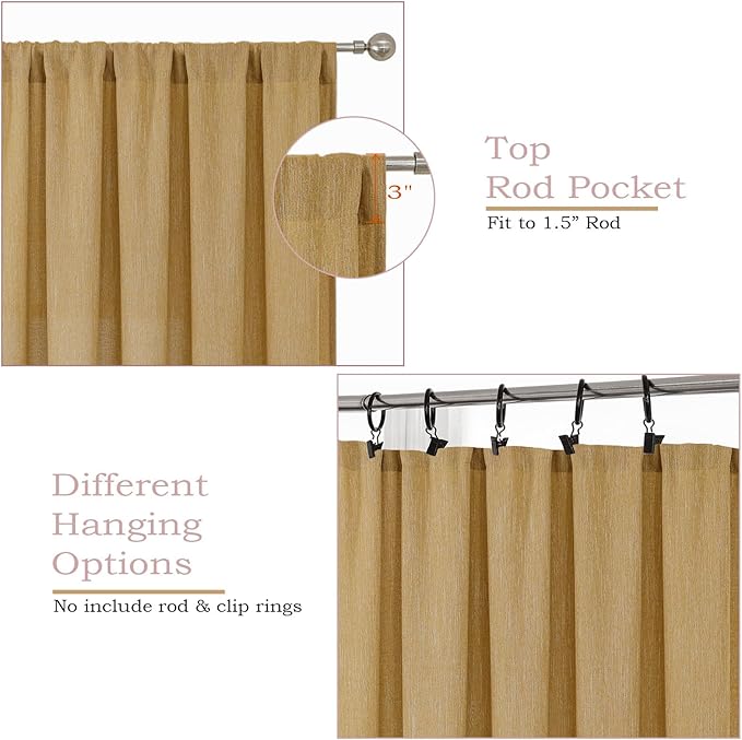 Simplebrand Gold Semi Sheer Faux Linen Textured Curtains 54 Inch Length 2 Panels Set, Rod Pocket Farmhouse Short Curtain Drapes for Dinning Small Windows Bathroom Bedroom, Each 40Wx54L in, Gold