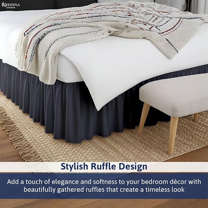 KRISHNA Ruffled Bed Skirt with Split Corners Full, 100% Microfiber Hotel Quality, 14 Inch Drop Dust Ruffle Gathered Bedskirt with Platform, 54" x 75", Dark Grey