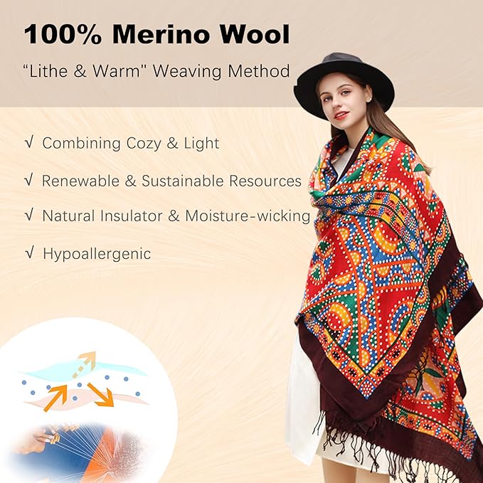 DANA XU 100% Merino Wool Pashmina Shawl for Women 96"x43", Oversized Cashmere Wrap with Tassels, Floral Travel Blanket Cape