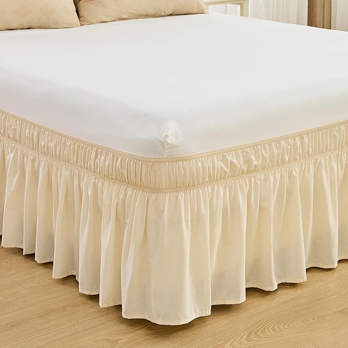 BISELINA Wrap Around Bed Skirts 17" Drop, Cotton Adjustable Elastic Dust Ruffles Easy Fit Wrinkle & Fade Resistant Soft Cozy Elegant Luxurious Bedding - Beige, Queen Size