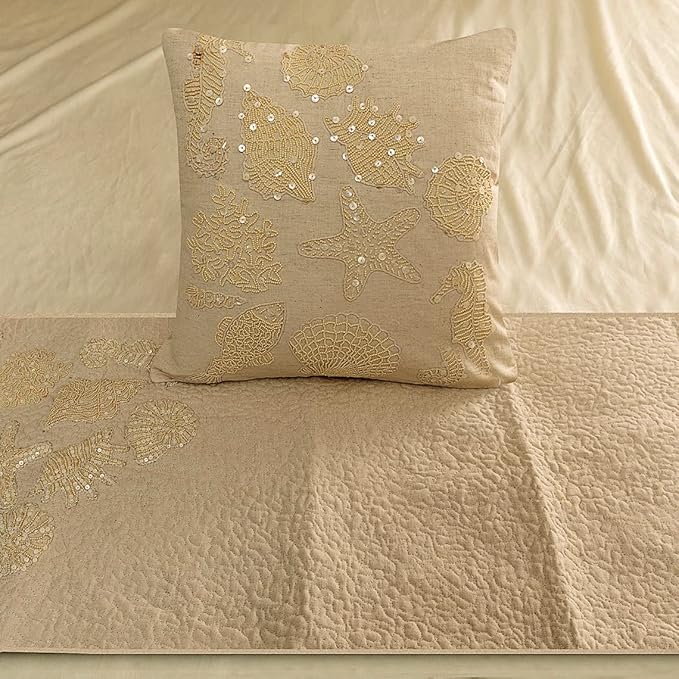 The HomeCentric King Queen Twin Beige Handmade Twin 53"x18" Bed Runner with Pillow Cover, Pearl Embroidery Bed Scarf on Linen Fabric - Off to The Sea