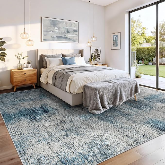 8x10 Area Rugs for Living Room: Washable Modern Abstract Rug Large Soft Non-Slip Rugs Indoor Low-Pile Carpet for Bedroom Dining Room Home Office (Blue, 8'x10')