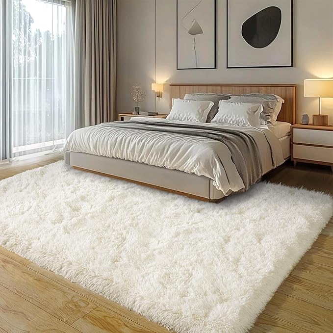 Cream White Plush Rug for Living Room Fuzzy Carpet for Bedroom Dorm, Non-Slip High Pile Rug, Shag Rug for Playroom Nursery Home Office Decor 9X12 Ft