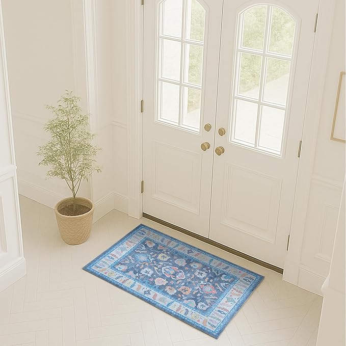 Fame Rugs Blue Modern Oushak Rug 2x3, Vintage Doormat Turkish Colorful Oriental Antique Inspired Washable Small Area Rug, Luxury Living Room Bedroom (387BNB, 2' x 3')