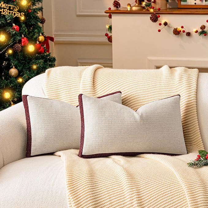 a moment Christmas Red Loop Yarn Linen-Like Pillow Cover Natural Soft Decorative Throw Pillow Case Farmhouse 12x20 Inch, Bohemian Textured Cushion Cover for Sofa Bed, Wrinkle-Resistant Home Decor