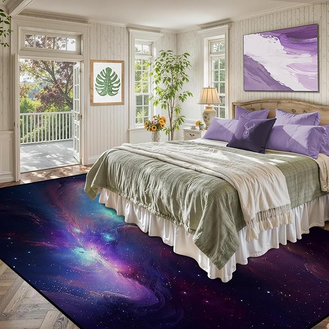 6' x 9' Galaxy Area Rug Bedroom Living Room for Girls Kids Boys Large Carpet Nebula Vortex Throw Rugs Purple Blue Cloud Floor Mat,180 X 275cm,Purple