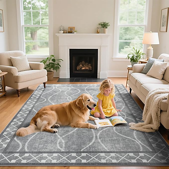 5x7 Light Grey Area Rugs for Living Room, Machine Washable Non-Slip Backing Low Pile Indoor Floor Rugs, Large Modern Carpet for Bedroom Entryway Classroom Playroom Dining Room Home Decor