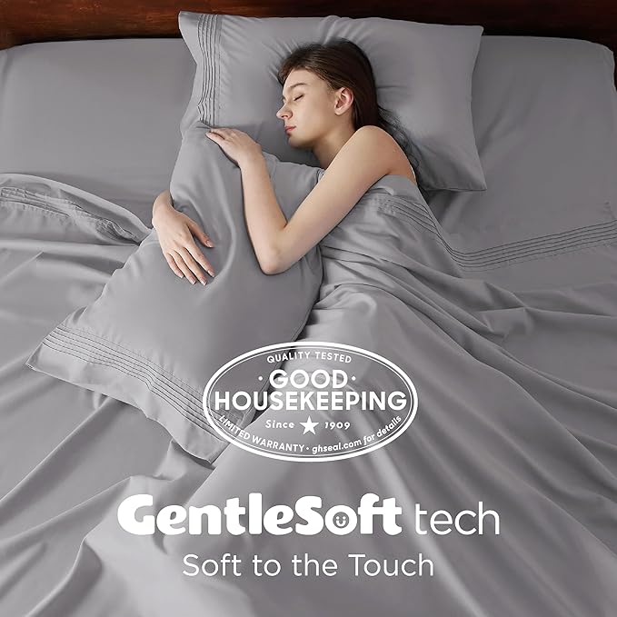 Bedsure Deep Pocket King Sheet Set - Fits Mattresses Up to 21 Inches Thick - 4 Piece GentleSoft Bed Sheets, Moisture Wicking, Soft & Cooling Bedsheet & Pillowcases, Easy & Secure Fit, Light Grey