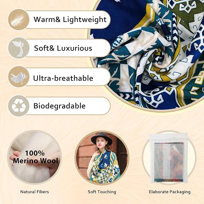 DANA XU 100% Merino Wool Pashmina Shawl for Women 96"x43", Oversized Cashmere Wrap with Tassels, Floral Travel Blanket Cape