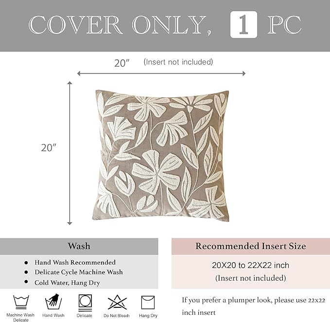 BlissBlush Taupe Velvet Decorative Throw Pillow Cover 20X20, Neutral Brown Flower Tufted Soft Farmhouse Textured Pillowcase, Accent Pillowcase for Couch Sofa Bed Living Room