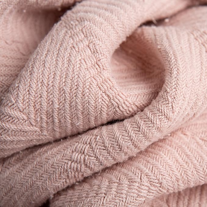 Sticky Toffee Cotton Throw Blanket 60x50 in – Woven Lightweight Blush Pink Blanket for Couch or Bed, Soft Herringbone Weave, Boho Farmhouse Style