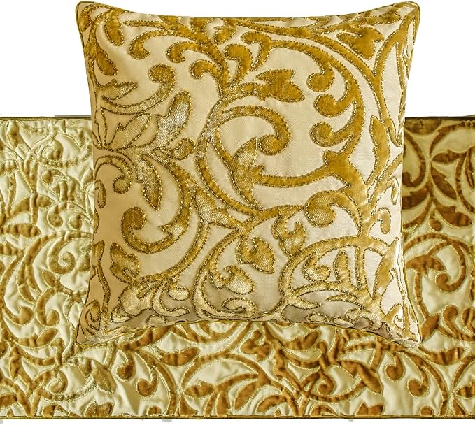 HomeCentric Beige Gold Decorative Bed Runner - Twin 53"x18" with One Pillow Cover, Cut Velvet, Beaded Bed Scarf on Velvet Fabric - Serene Symphony