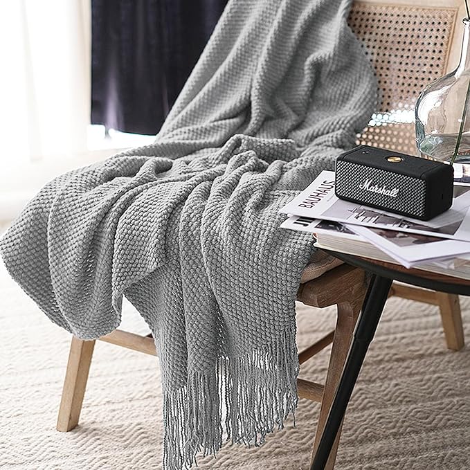 LOMAO Knitted Throw Blanket with Tassels Bubble Textured Lightweight Throws for Couch Cover Home Decor (Light Grey, 60x80)