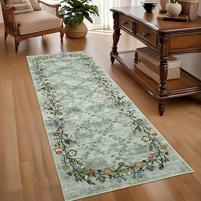 GarveeHome 2x6 Washable Floral Runner Rugs for Hallway: Modern Floral Non Slip Large Runner Rugs for Kitchen, Large Machine Washable Hallways Low Pile Carpet with Non-Slip Backing Green 2 ft x6 ft.
