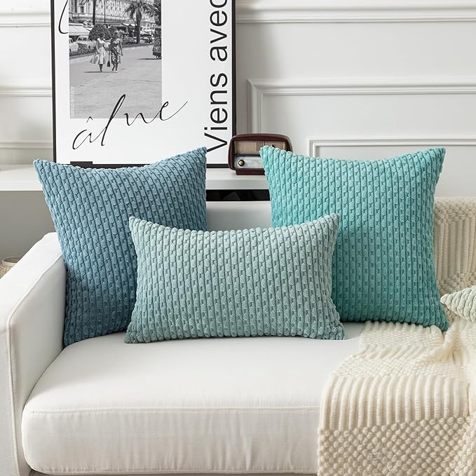 Kevin Textile 12x24 Inch Pillow Cover 1 Pack Boho Decorative Soft Striped Corduroy Lumbar Farmhouse Color Accent Rectangle Cushion Case for Living Room Couch Sofa Bed, Aqua Green