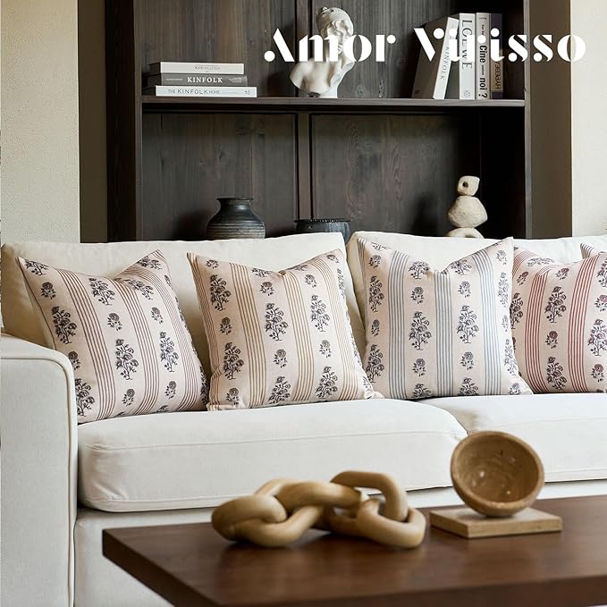Amor Virisso Floral Throw Pillow Covers 24x24 Set of 2 Block Print Pillow Covers Neutral Floral Striped Farmhouse Decorative Pillow Covers for Sofa Couch Bed, Brown