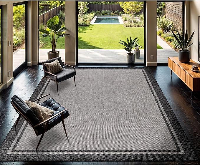 CAMILSON Indoor Outdoor Rug, 9x12 Bordered Gray Modern Area Rugs for Large Indoor and Outdoor Patios, Kitchen and Hallway Mats, Washable Porch Deck Outside Carpet (Bordered Grey, 9 x 12)