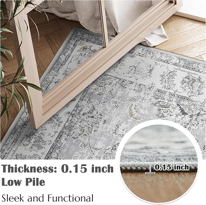 jinchan Fiora Floral 3x5 Area Rugs for Entryway - Machine Washable Taupe Vintage Distressed Design Doormat Non-Slip Ultra-Thin Low Pile Boho Rug for Kitchen Living Room Bedroom Farmhouse (3‘x5', Grey)