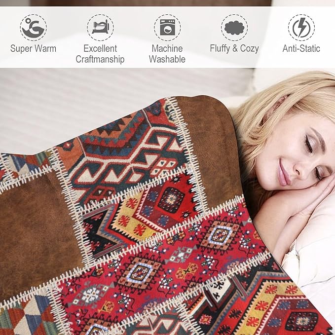 Southwest Aztec Throw Blanket, Native Bohemian Retro Patchwork Traditional Geometric Soft Flannel Blanket Warm Blankets for All Seasons, Bed Couch Sofa 50"x60"