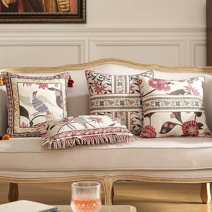 patdrea Designer Throw Pillow Covers 12"x20",Vintage Red Flying Bird Pattern Linen Pillowcases with Tassel Edges Pillows Cover for Couch,Decorative Rectangle Cushion for Living Room Outdoor Car