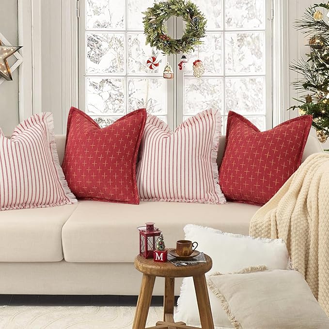 ZWJD Throw Christmas Pillow Covers 24x24 Set of 2 Striped Pillow Covers with Fringe Chic Cotton Decorative Pillows Square Cushion Covers for Sofa Couch Bed Living Room Farmhouse Decor