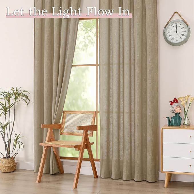 Simplebrand Taupe Short Faux Linen Textured Cafe Kitchen Curtains 36 Inch Length 2 Panels, Over Sink Semi Sheer Farmhouse Light Filtering Panels Rod Pocket Drapes for Bathroom Window, 40 x 36 Inch