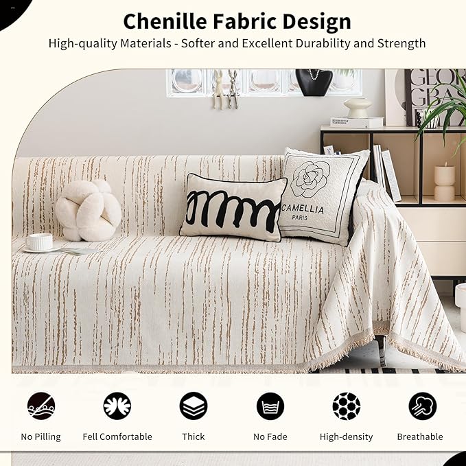 Chenille Couch Cover Pet Friendly, Sofa Cover Washable, Reversible Sofa Slipcover for Sectional Sofa, Loveseat, 2 or 3 Cushion Couch, Corner Sofa, Futon Cover (71" X 150", Khaki)