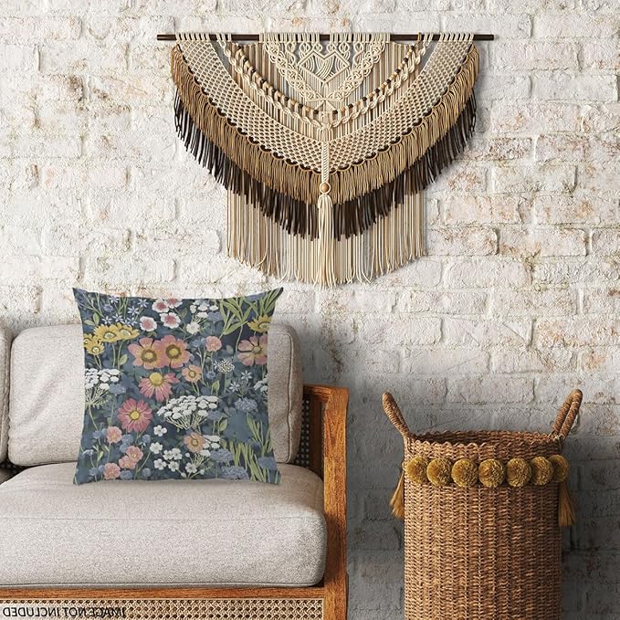 Blue Boho Floral Pillow Covers 18x18 - Vintage Bohemian Decorative Throw Pillow Covers Pillowcases for Living Room Bedroom, Floral Outdoor Pillow Covers, Cottagecore Room Decor (Double-Sided)
