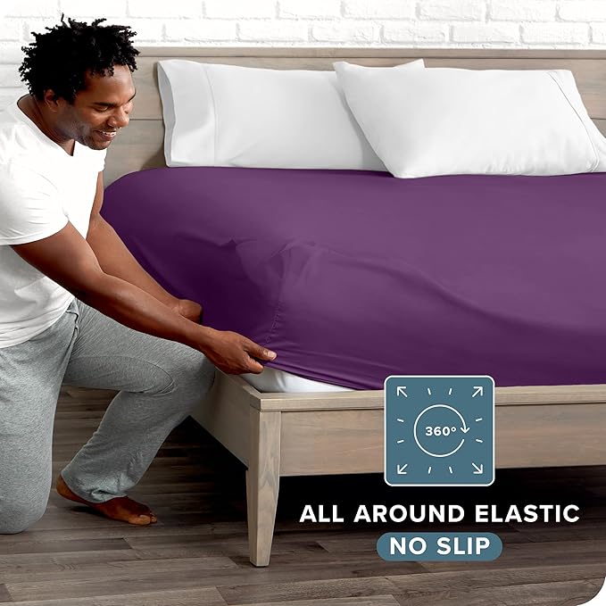 Bare Home Fitted Bottom Sheet Split King Size - Premium 1800 Microfiber - Ultra-Soft Hotel Luxury - Deep Pocket - Durable and Long Lasting (Split King, Plum)
