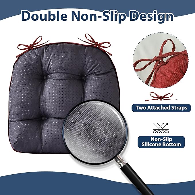 Chair Cushions for Dining Chairs, Seat Cushions for Kitchen Chairs, Indoor Seat Cushions with Ties, Tufted Foam Chair Pads, Non Slip Chair Cushions Set of 4, 15.5" x 15.5" x 4", Red