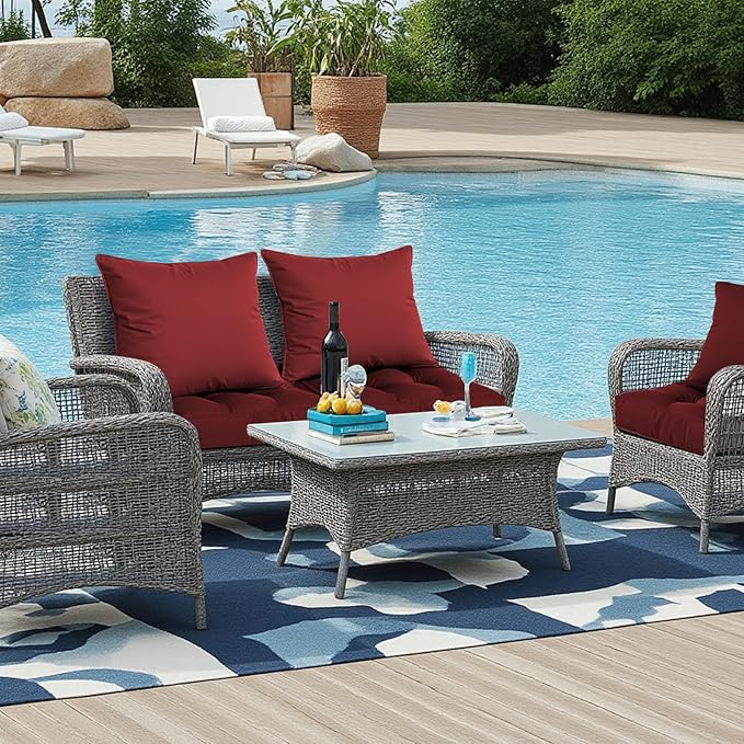 Waterproof Outdoor Chair Cushions Set of 2, Patio Cushions for Outdoor Furniture Water-Resistant & Fade-Resistant, Deep Seat & Back Cushion for Chair Sofa, 22x22 Inch (Red)