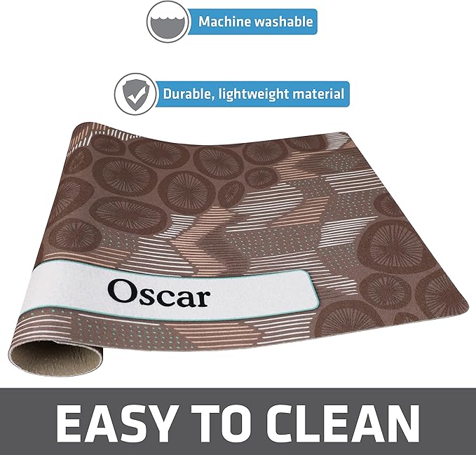 Drymate Personalized Pet Bowl Placemat, Custom Dog & Cat Food Feeding Mat - Absorbent Fabric, Waterproof Backing - Machine Washable/Durable (USA Made) (12" x 20") (Abstract Lines Grey)