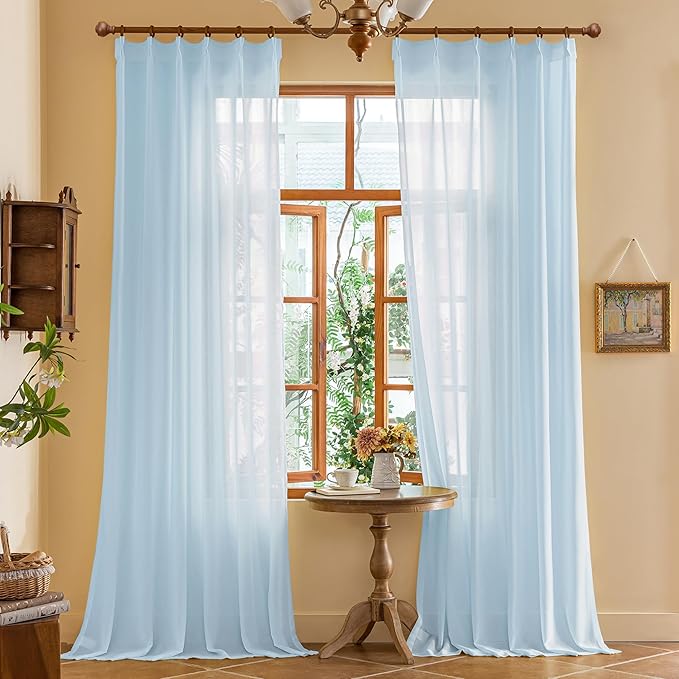 MAIHER Light Blue Pinch Pleat Curtains 96 Inches Long Sheer Curtain Panels Light Filtering Soft Touch Elegant Pleated Drapes with Adjustable Hooks for Living Room, Sky Blue, 42" W x 96" L, 2 Panels
