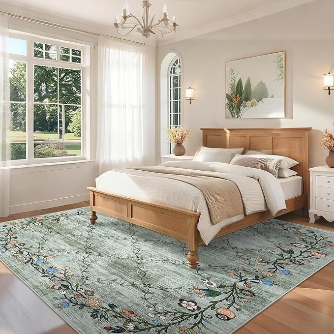 GarveeHome 8x10 Washable Floral Area Rugs for Living Room: Modern Floral Non Slip Large Area Rugs for Bedroom, Large Machine Washable Living Room Low Pile Carpet with Non-Slip Backing Green 8'x10'.