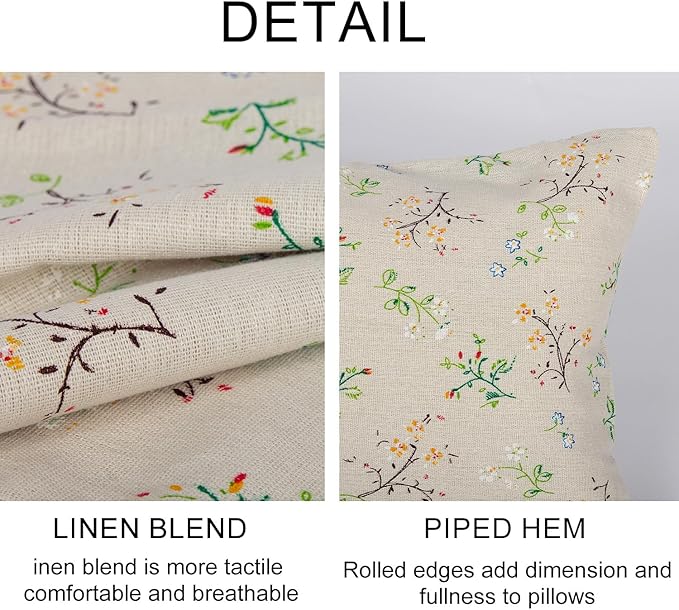 Spring Flower Lumbar Throw Pillow Cover 12x 20 Set of 2, Embroidered Branch Farmhouse Neutral Linen Pillow Cushion Cases, Decorative Pillows for Bed, Outdoor Couch Bedroom Car Green